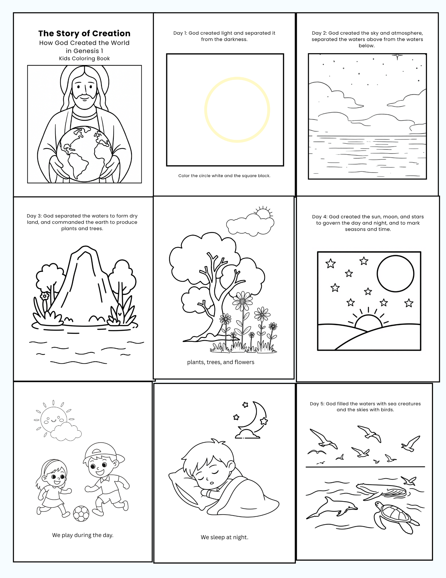 The Story of Creation 15 Pages Coloring Book & Picture Book for Kids PDF Printable