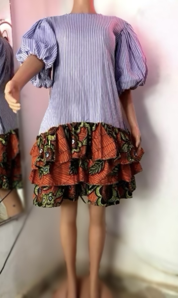 Striped Puff Sleeve Dress with Patterned Ruffle Skirt