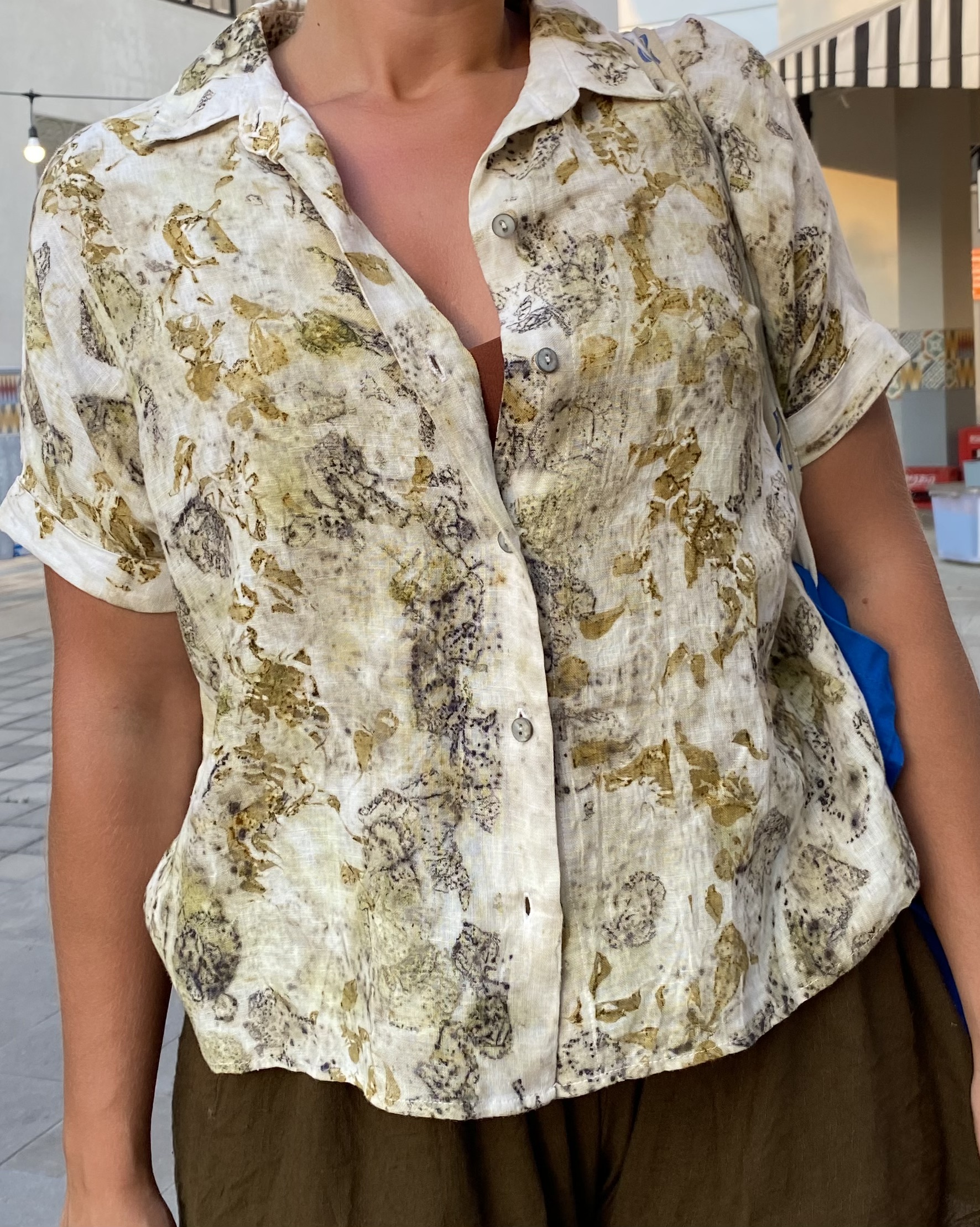 Vintage Print Button-Up Shirt 100% Linen