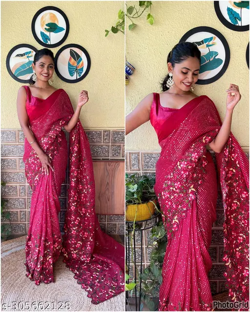 Red Sequin Embellished Saree