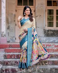 Elegant Cream and Blue Saree