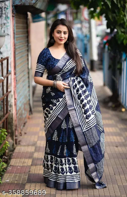 Elegant Navy Blue Printed Saree