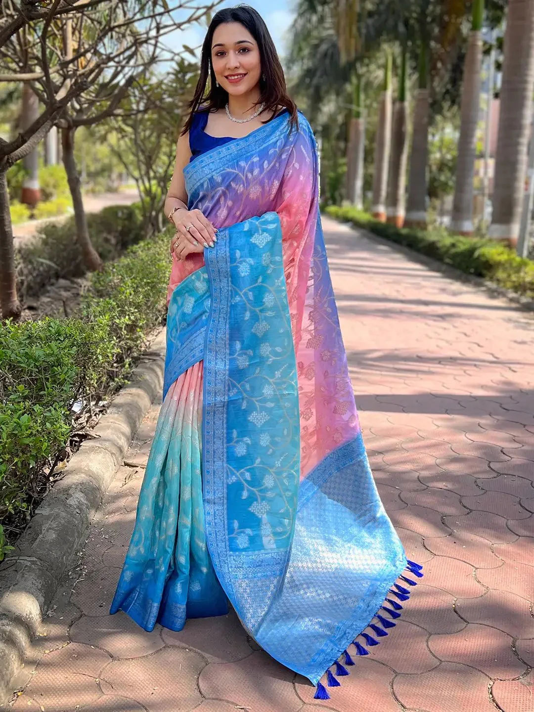 Elegant Blue and Pink Designer Saree