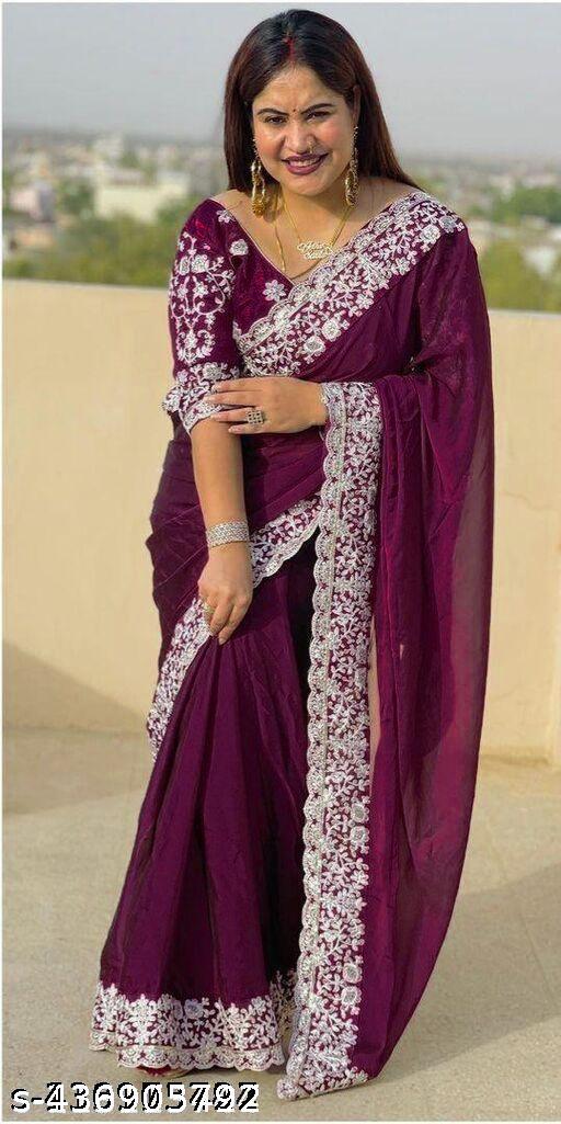 Embroidered Maroon Saree