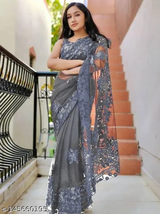 Elegant Grey Embroidered Saree