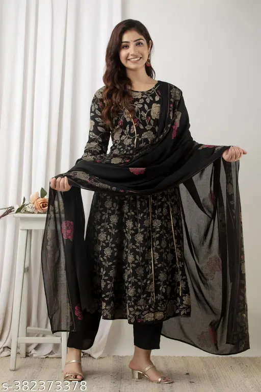 Elegant Black Floral Printed Anarkali Suit