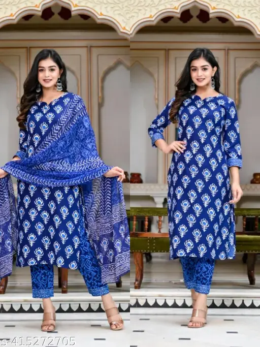 Blue Printed Cotton Kurta Set