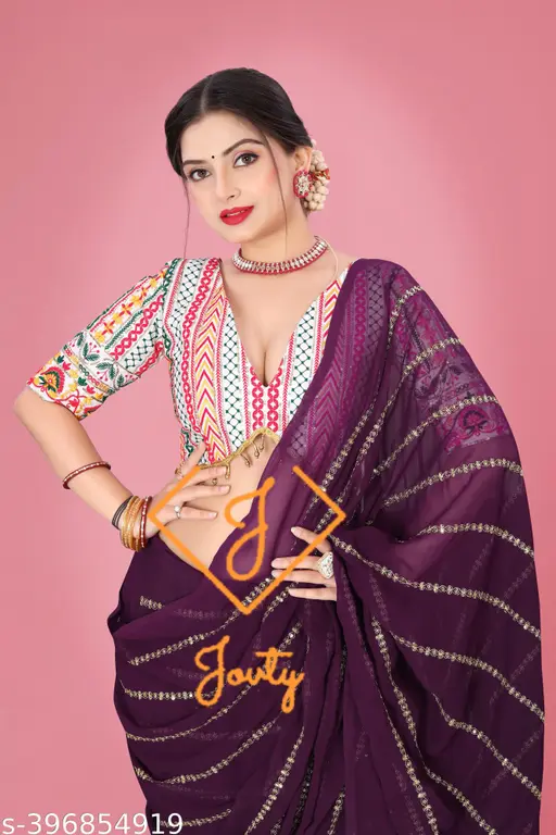 Designer Purple Saree with Embroidered Blouse