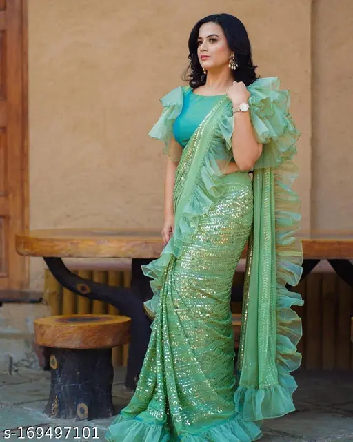 Green Ruffled Sequin Saree
