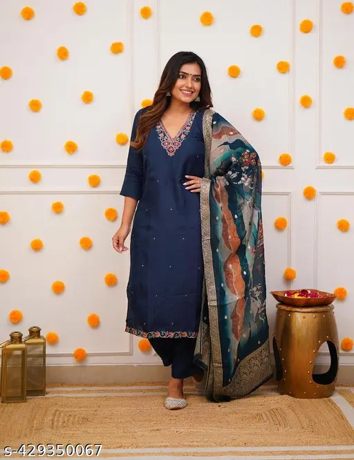Navy Blue Embroidered Kurta Set