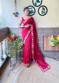 Red Floral Embroidered Saree