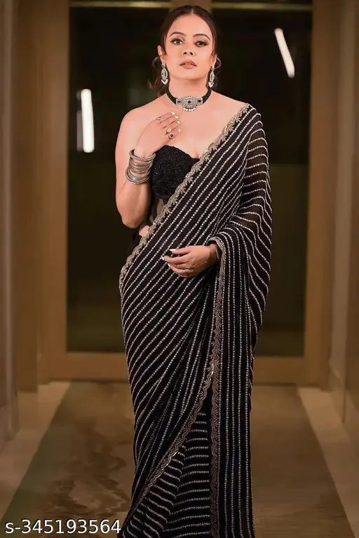 Elegant Black and Silver Striped Saree