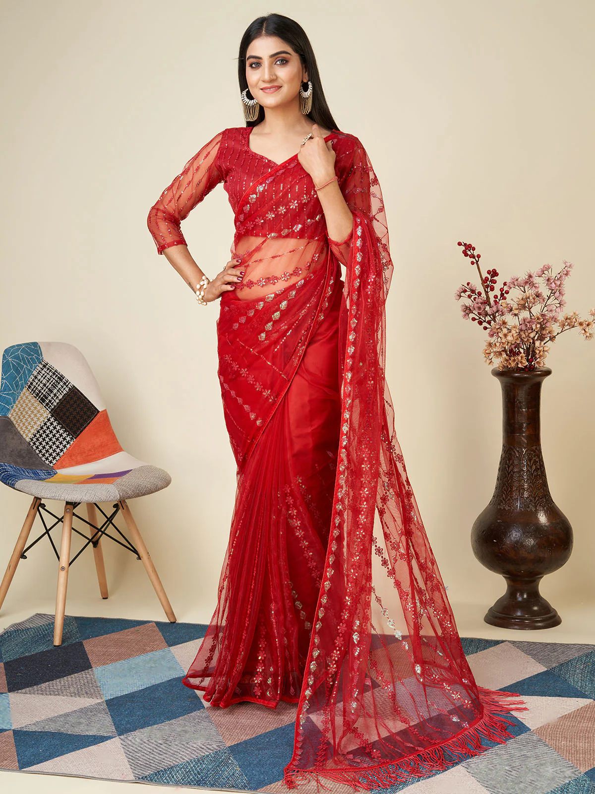 Red Net Embroidered Saree