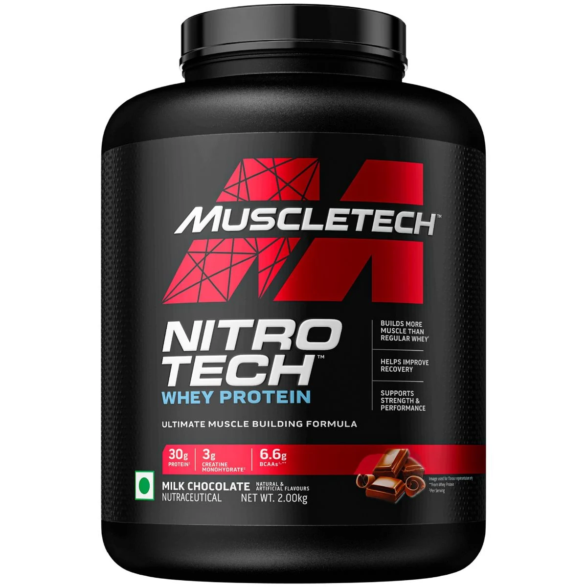 MuscleTech Performance Series Nitro Tech Whey Protein Powder with Whey Isolates & Peptides, Chocolate Flavour