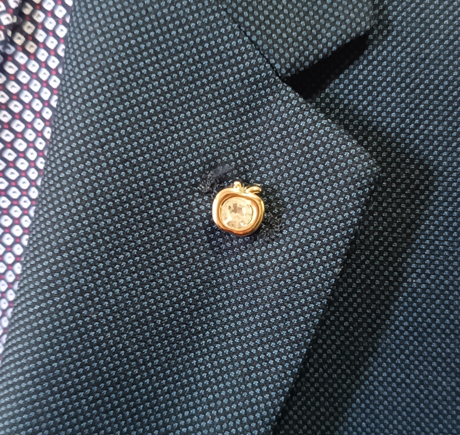 Pin dorado manzana con piedra brillante