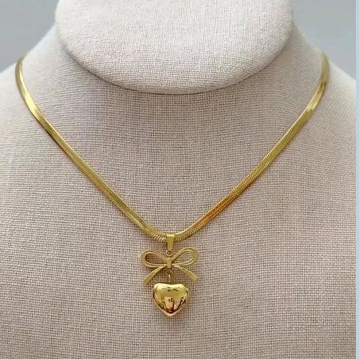  Elegant Heart Bow Pendant Necklace – Anti-Tarnish Finish