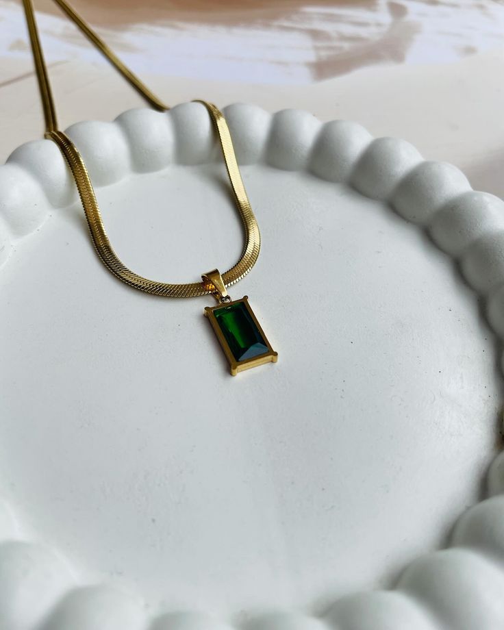 Gold Necklace with Green Pendant
