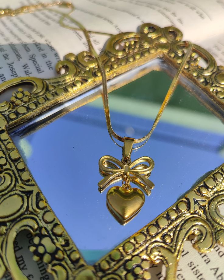  Elegant Heart Bow Pendant Necklace – Anti-Tarnish Finish