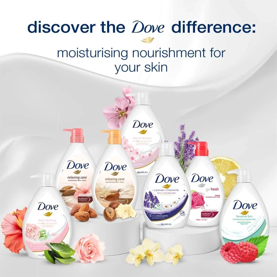Dove Gel de baño refrescante con flores de Sakura, 1LT