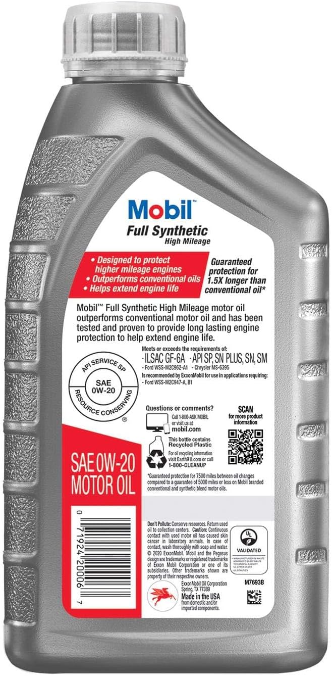 Aceite de motor Mobil totalmente sintético de alto kilometraje 0W-20