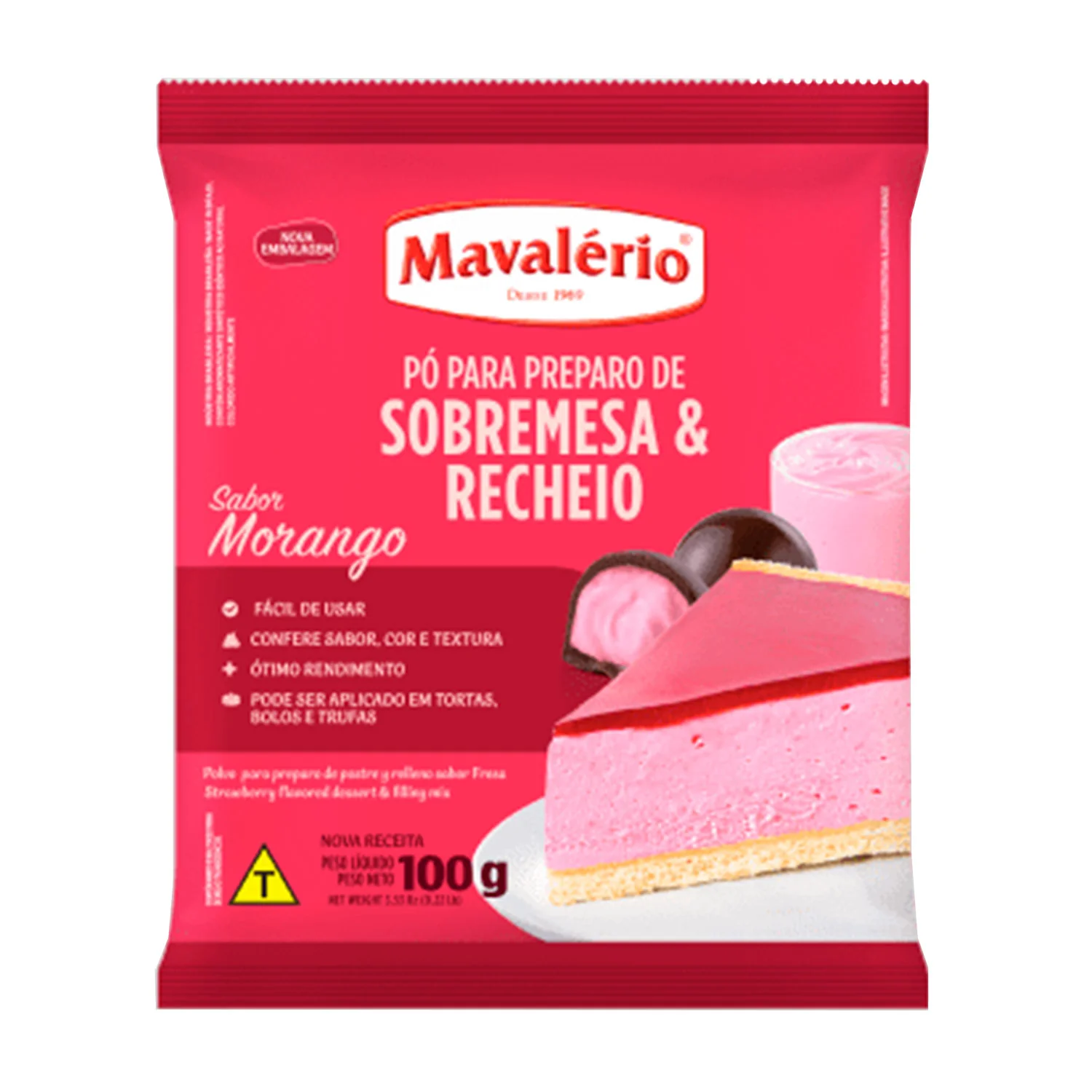 Pó para preparo sobremesa e recheio sabor morango Mavalério 100g