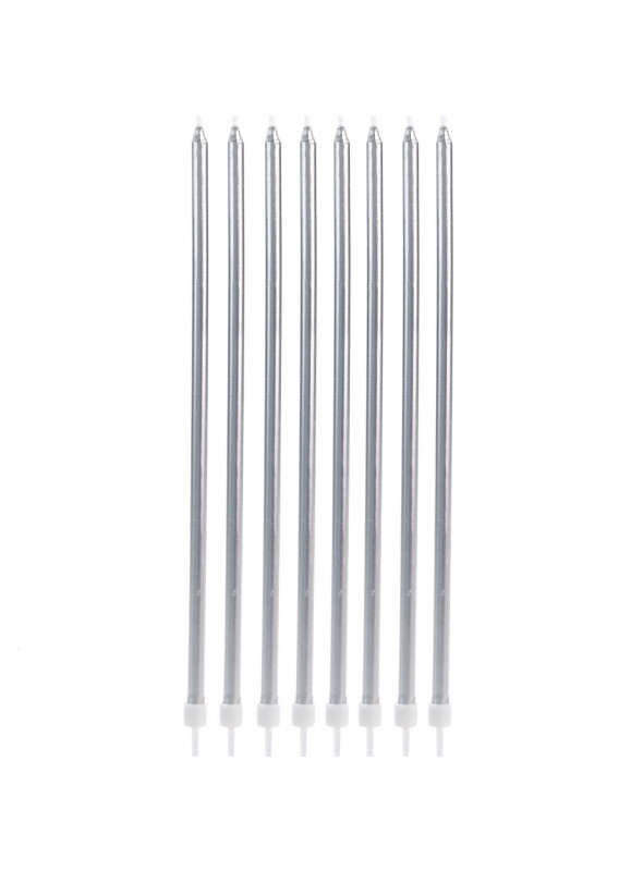 Velas Palito Metalizada Grande Prata Silver Festas com 8 un.