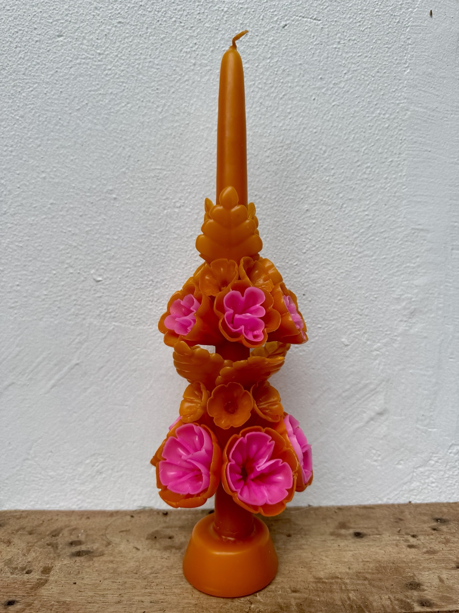 Tall Mexican Floral Candle- Pumpkin + Mexico Pink