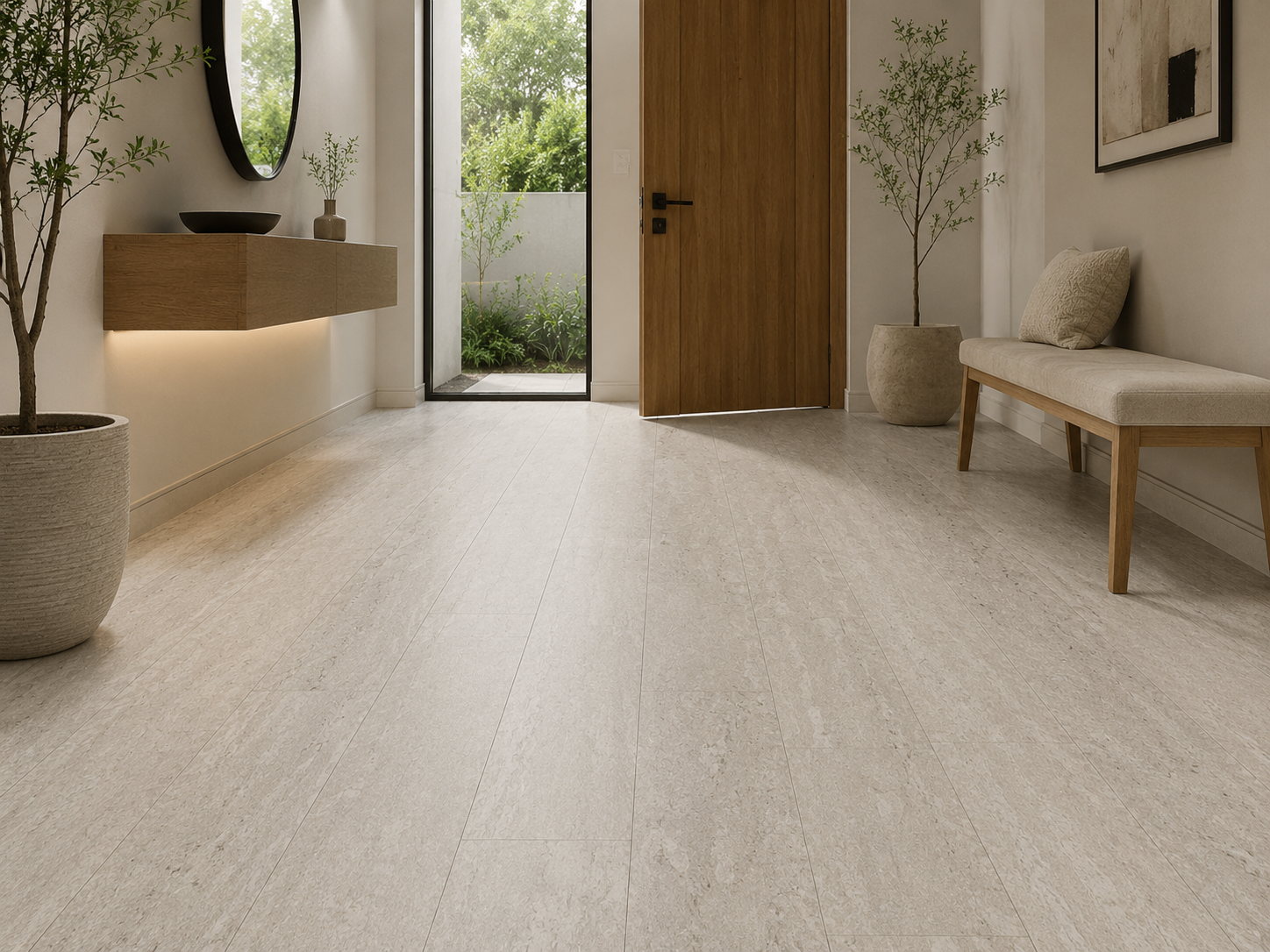 PISO SPC CALIZA, 18,2cm X 1,22m , 5mm de grosor, hule IXPE de 1mm incluido, capa de desgaste ,5mm, no requiere pegamento