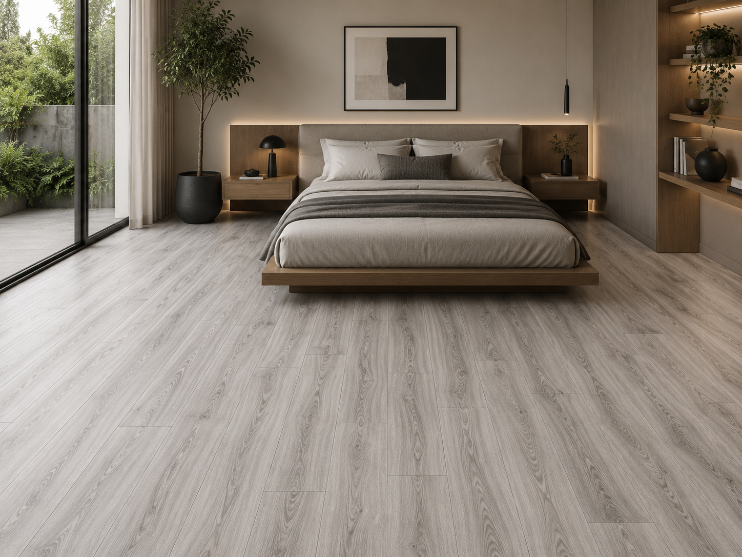 PISO SPC GRIS 18,2cm X 1,22m , 5mm de grosor, hule IXPE de 1mm incluido, capa de desgaste ,5mm, no requiere pegamento