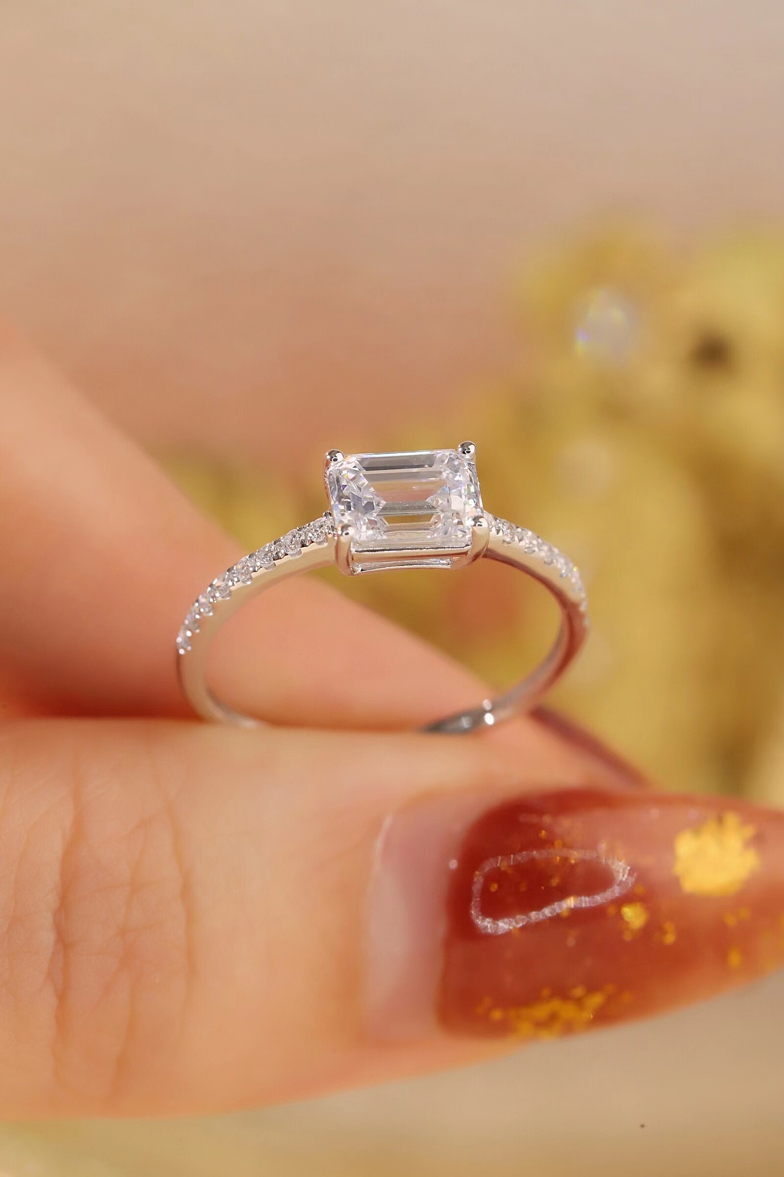 10k gold inlay 1.13ct laboratory culture cvd diamond ring emerald cutting HL-R5228