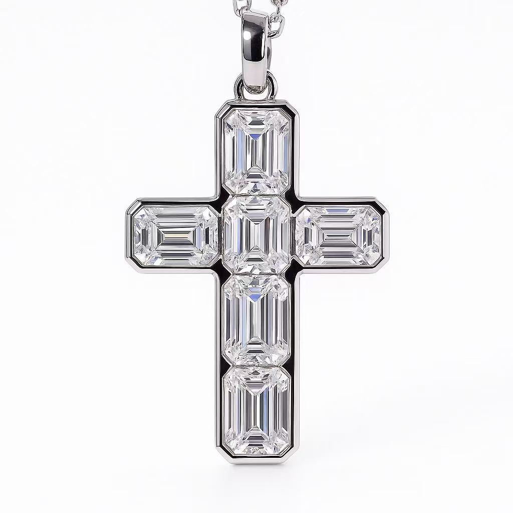 10K gold (Au 41.6%) cross pendant with lab-grown emerald-cut eco-friendly diamond (6.20 carats)HL-P2104