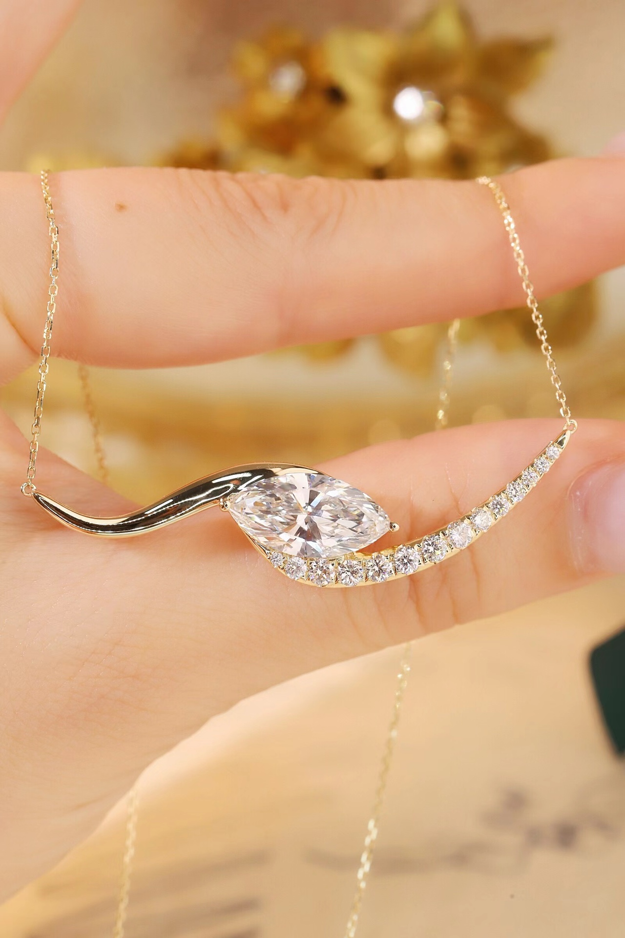 Timeless Glow · 3ct Marquise Cut Diamond Necklace with 0.60ct Side Stones | HL-N1746 