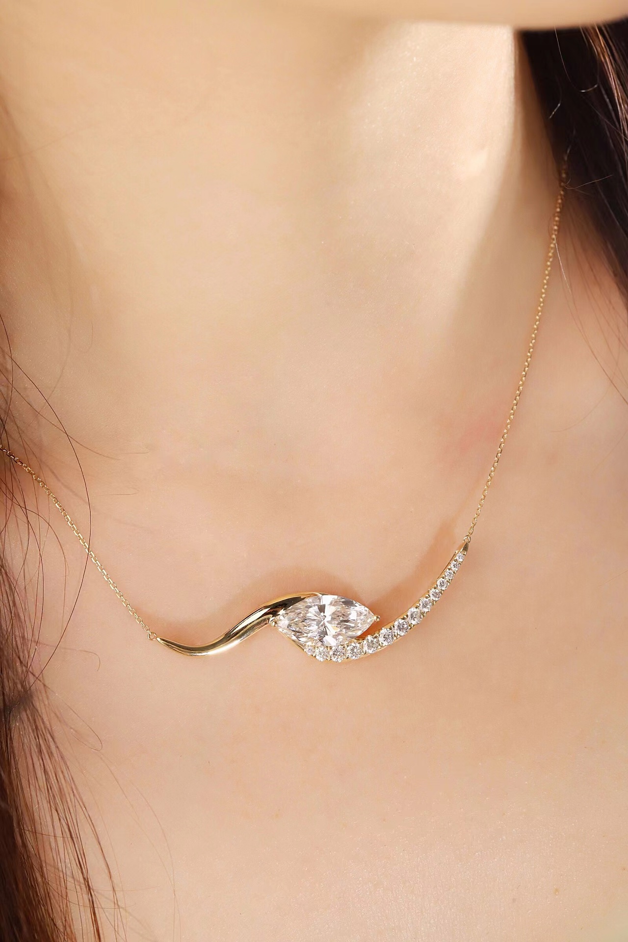 Timeless Glow · 3ct Marquise Cut Diamond Necklace with 0.60ct Side Stones | HL-N1746 