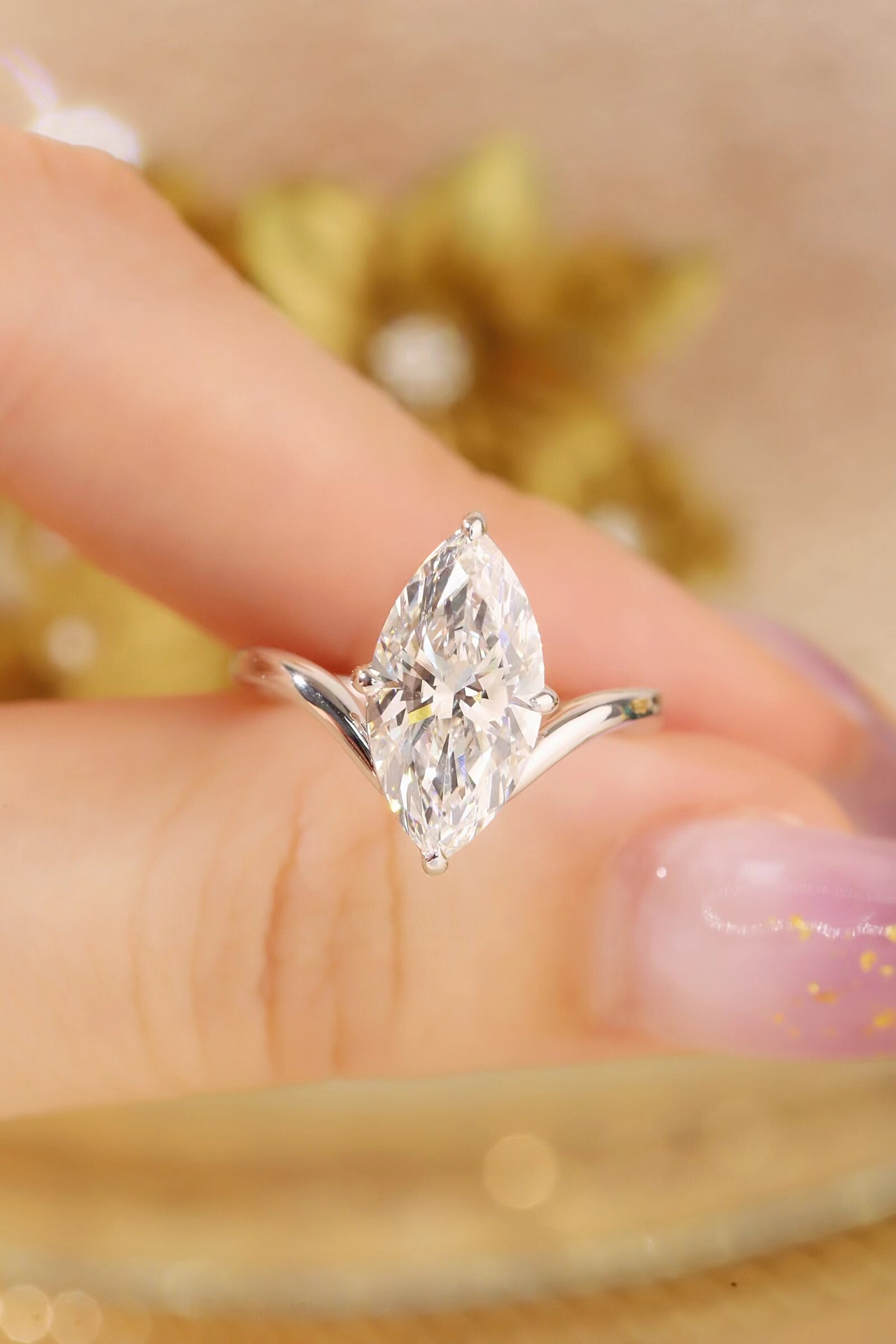 Elegant Radiance · 3ct Marquise Cut V-Shaped Diamond Ring | D-R5187-2