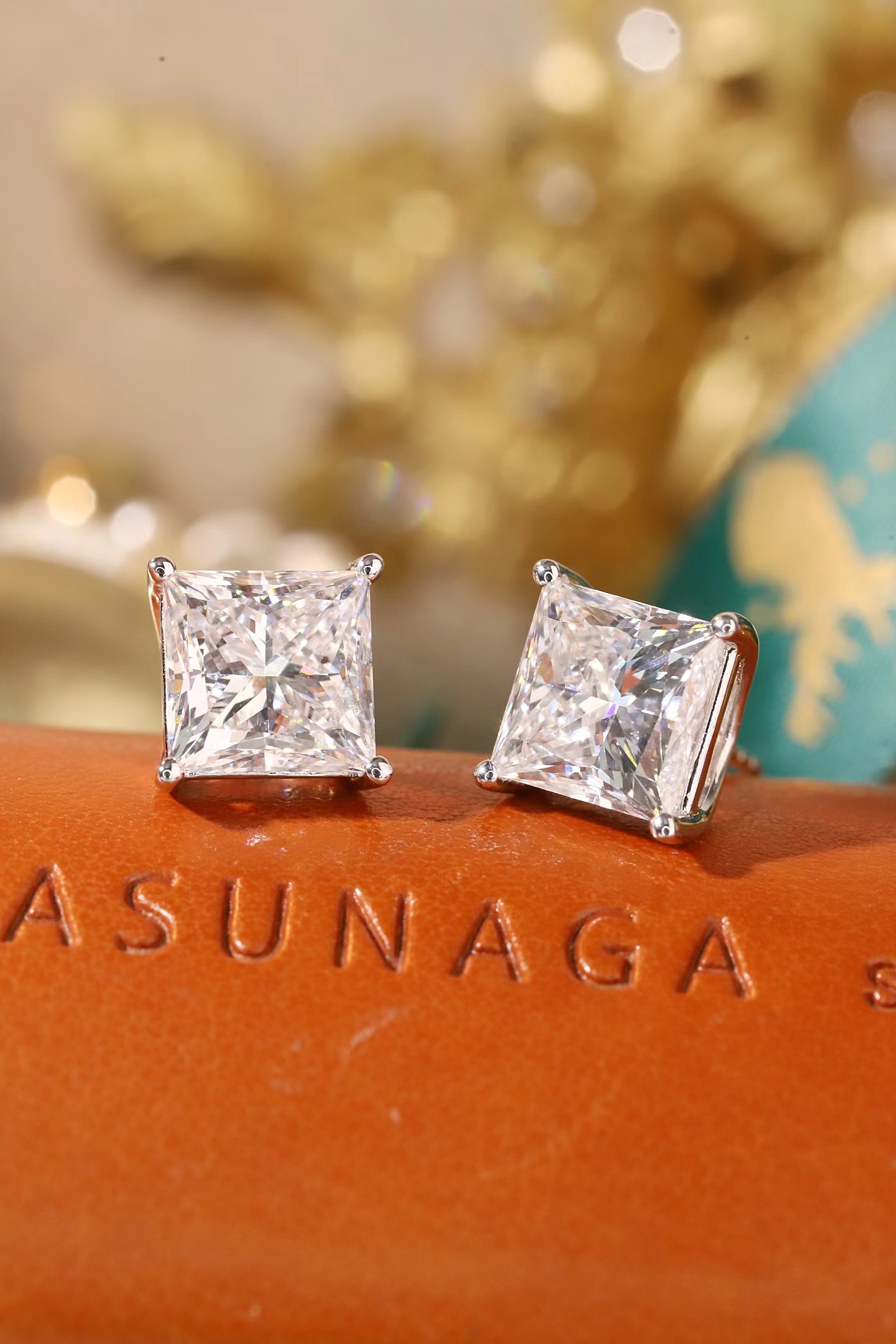 10k gold four claws inlaid 3 carat princess square cut diamond 6 carat pair, number z-hl-e5250