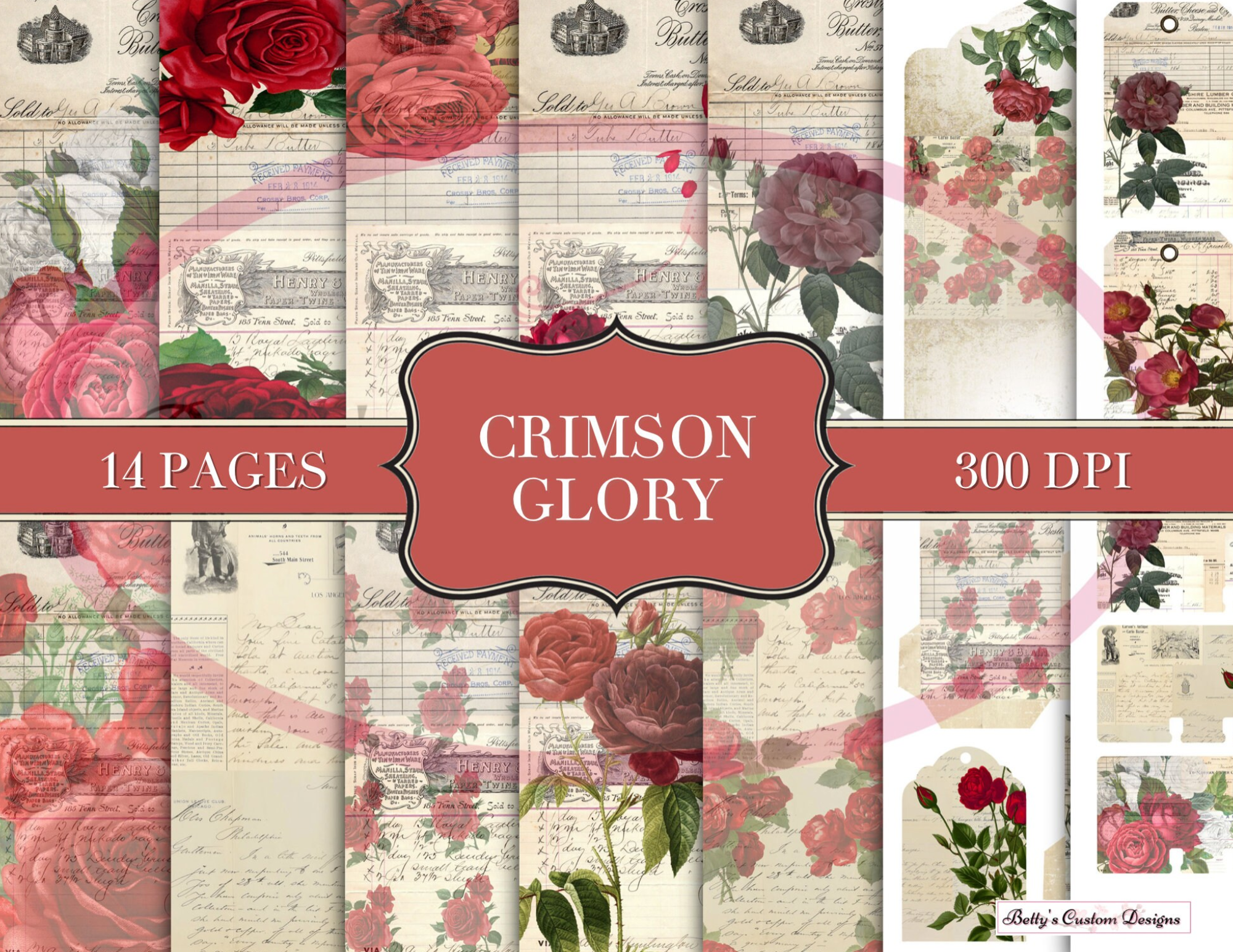 Crimson Glory Junk Journal Kit - Digital Paper Prints - Scrapbook - Vintage Books - Ephemera - Antique Paper - Journal Pages - Spring