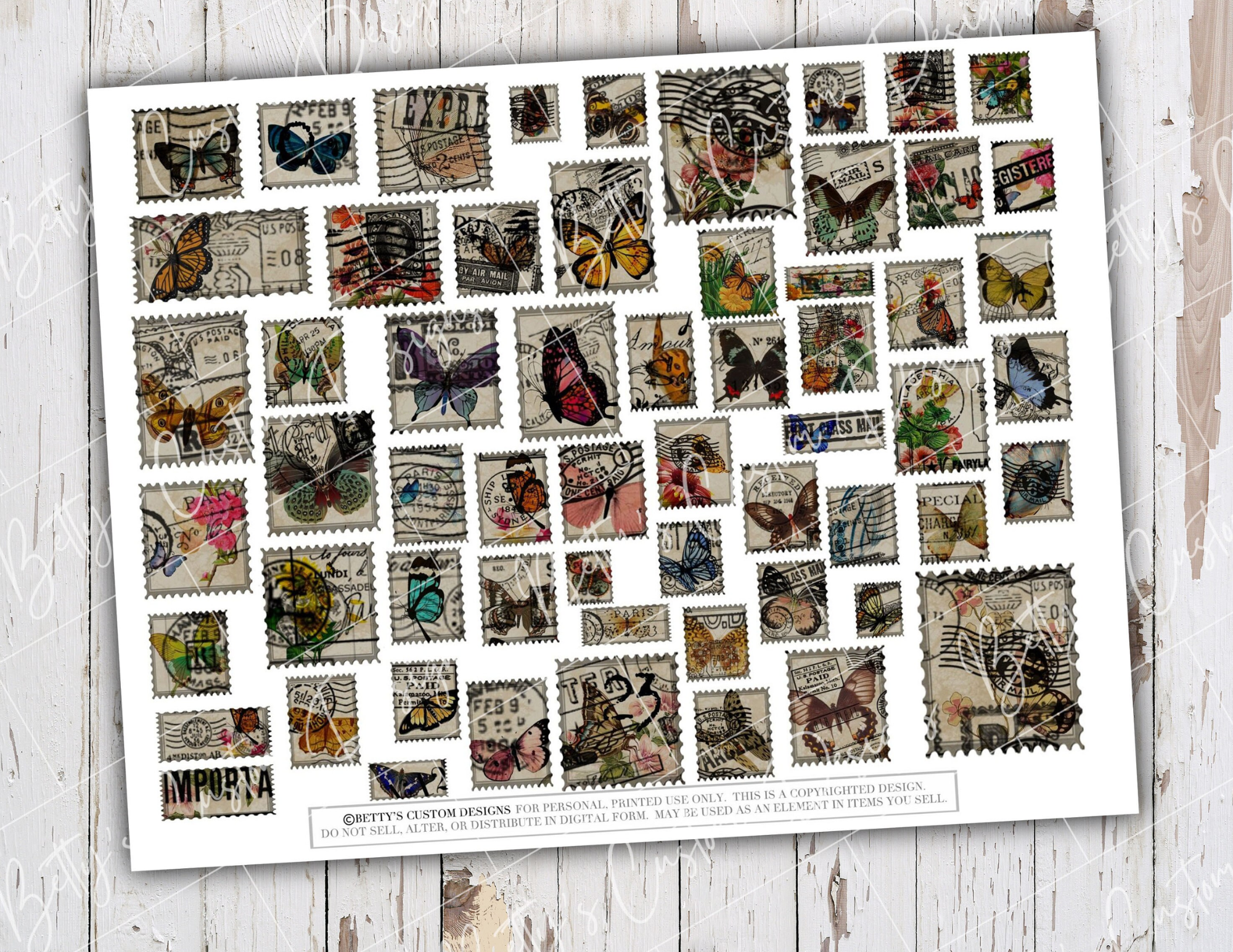 Faux Butterfly Stamps - Printable - Ephemera - Junk Journal - Digital - Collage Sheet - Scrapbook - Planner - Embellishment - Download