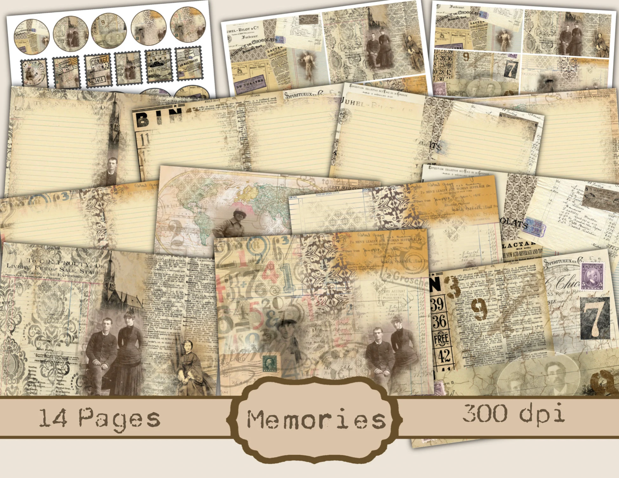 Memories Junk Journal Kit - Digital Paper Prints - Scrapbook - Vintage Books - Ephemera - Antique Paper - Journal Pages - Spring
