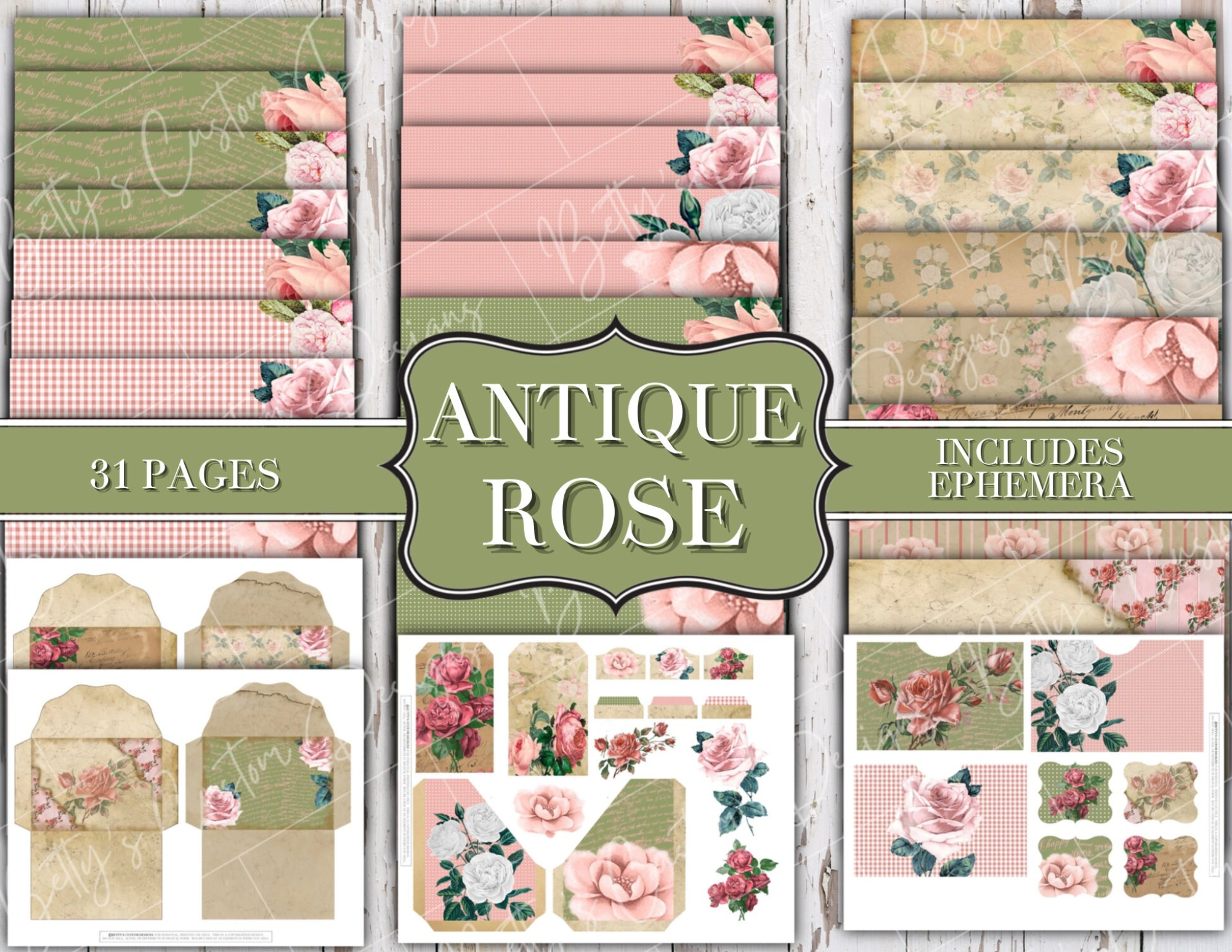 Antique Rose Junk Journal Kit - Digital Paper Prints - Scrapbook - Vintage Books - Ephemera - Antique Paper - Journal Pages