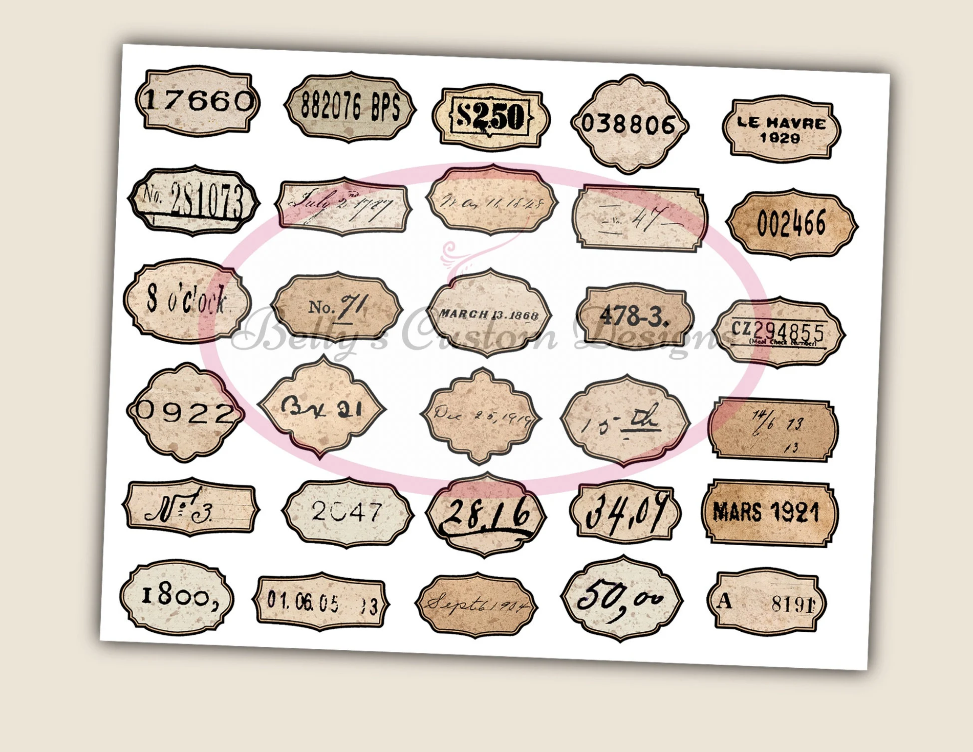 Vintage-Style Random Number Labels - Printable - Ephemera - Junk Journal Label - Journal Phrases - Journal Words