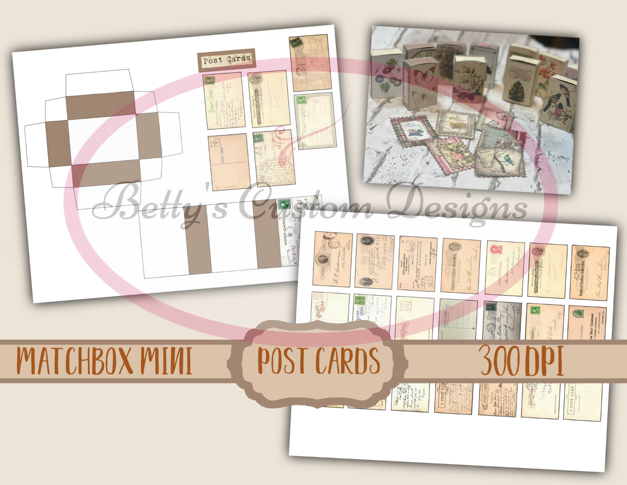 Post Cards Matchbox Mini - Junk Journal - Ephemera - Embellishment - scrapbook - printable - miniature