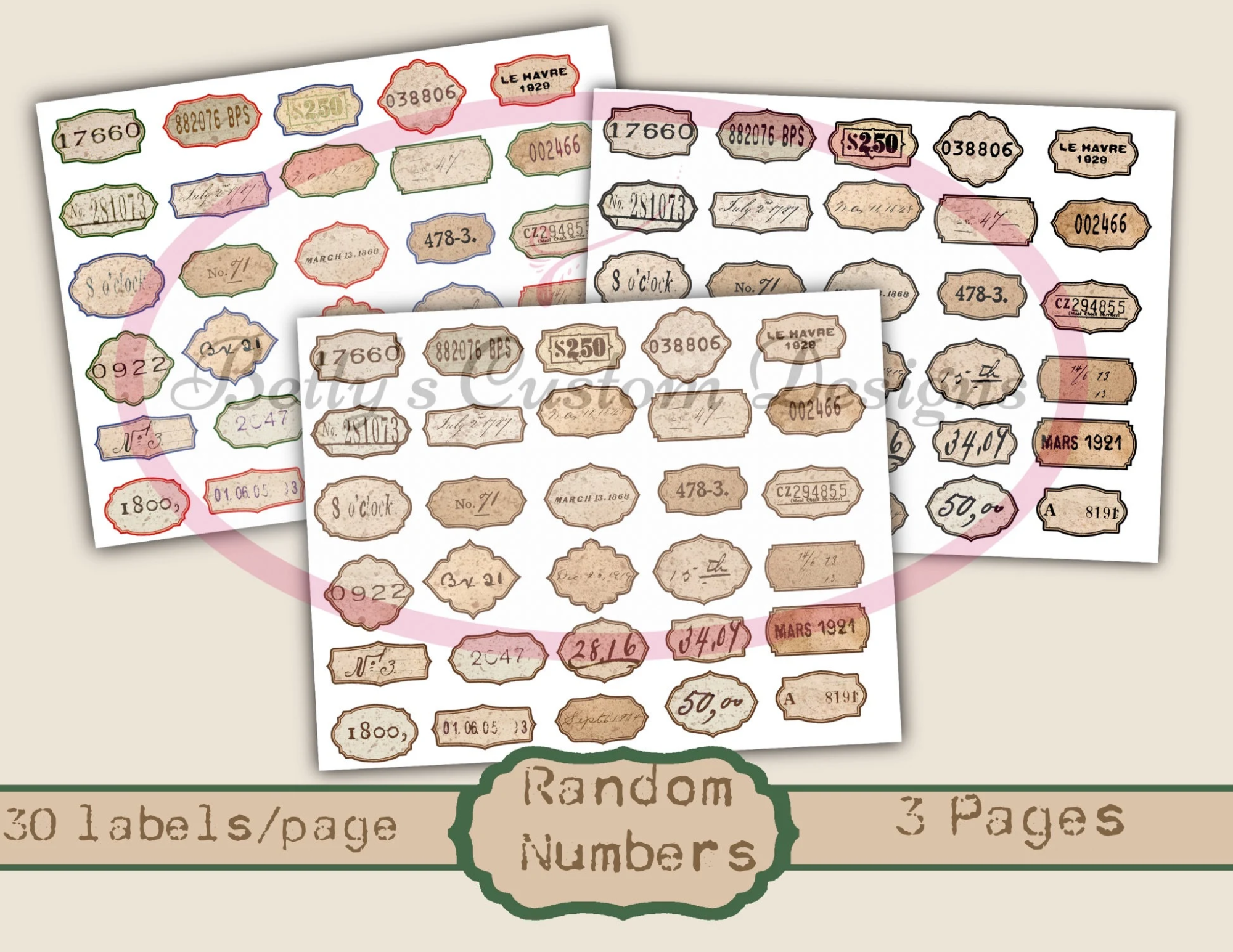 Vintage-Style Random Number Labels - Printable - Ephemera - Junk Journal Label - Journal Phrases - Journal Words