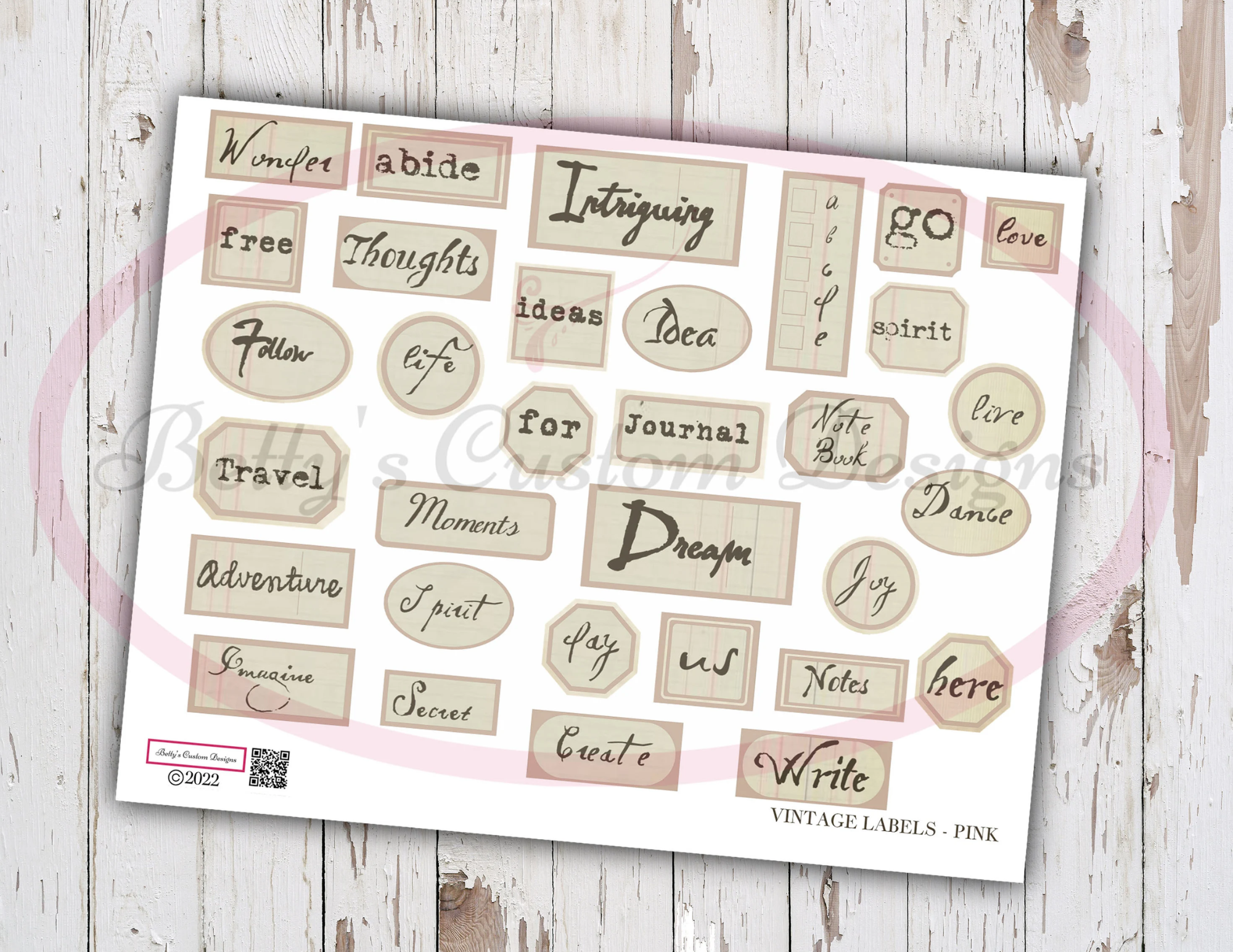 Junk Journal Word Labels - Pink - Printable - Ephemera - Junk Journal Label - Journal Phrases - Journal Words - Digital Botanical Labels