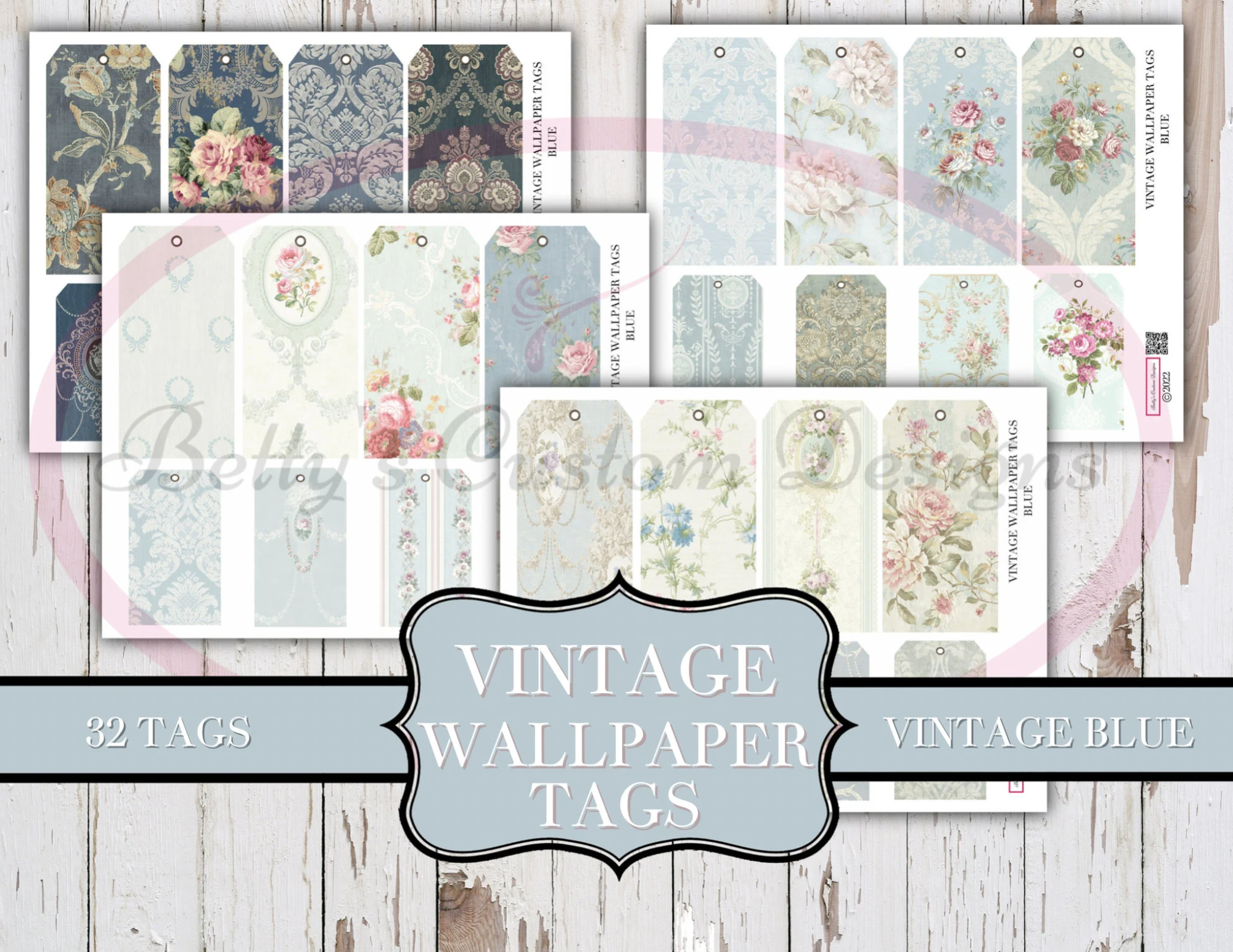 Vintage Wallpaper Tags - Vintage Blue  - Printable - Junk Journaling Digitals - Junk Journaling Tags - Ephemera - Vintage Tag - Vintage Tags