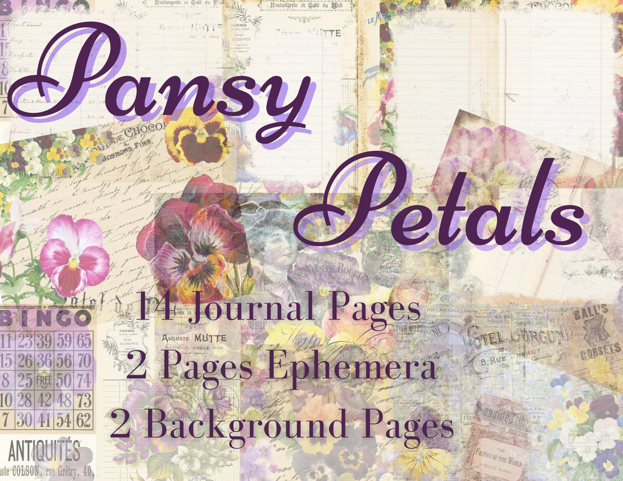 Pansy Petals Junk Journal Kit - Digital Paper Prints - Scrapbook - Vintage Books - Ephemera - Antique Paper - Journal Pages - Spring