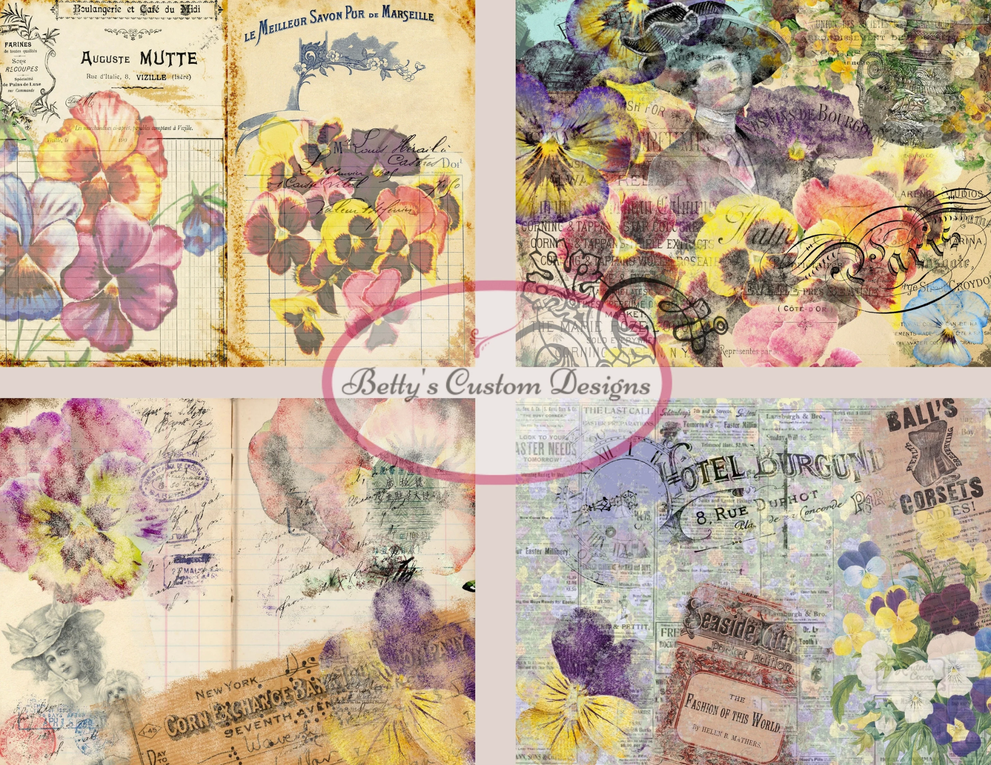 Pansy Petals Junk Journal Kit - Digital Paper Prints - Scrapbook - Vintage Books - Ephemera - Antique Paper - Journal Pages - Spring