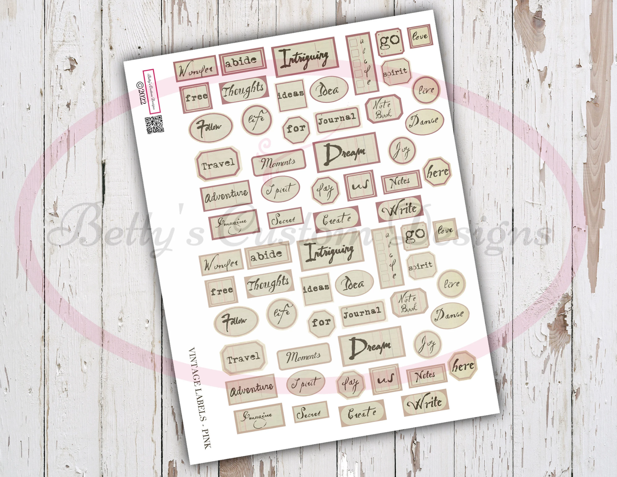 Junk Journal Word Labels - Pink - Printable - Ephemera - Junk Journal Label - Journal Phrases - Journal Words - Digital Botanical Labels