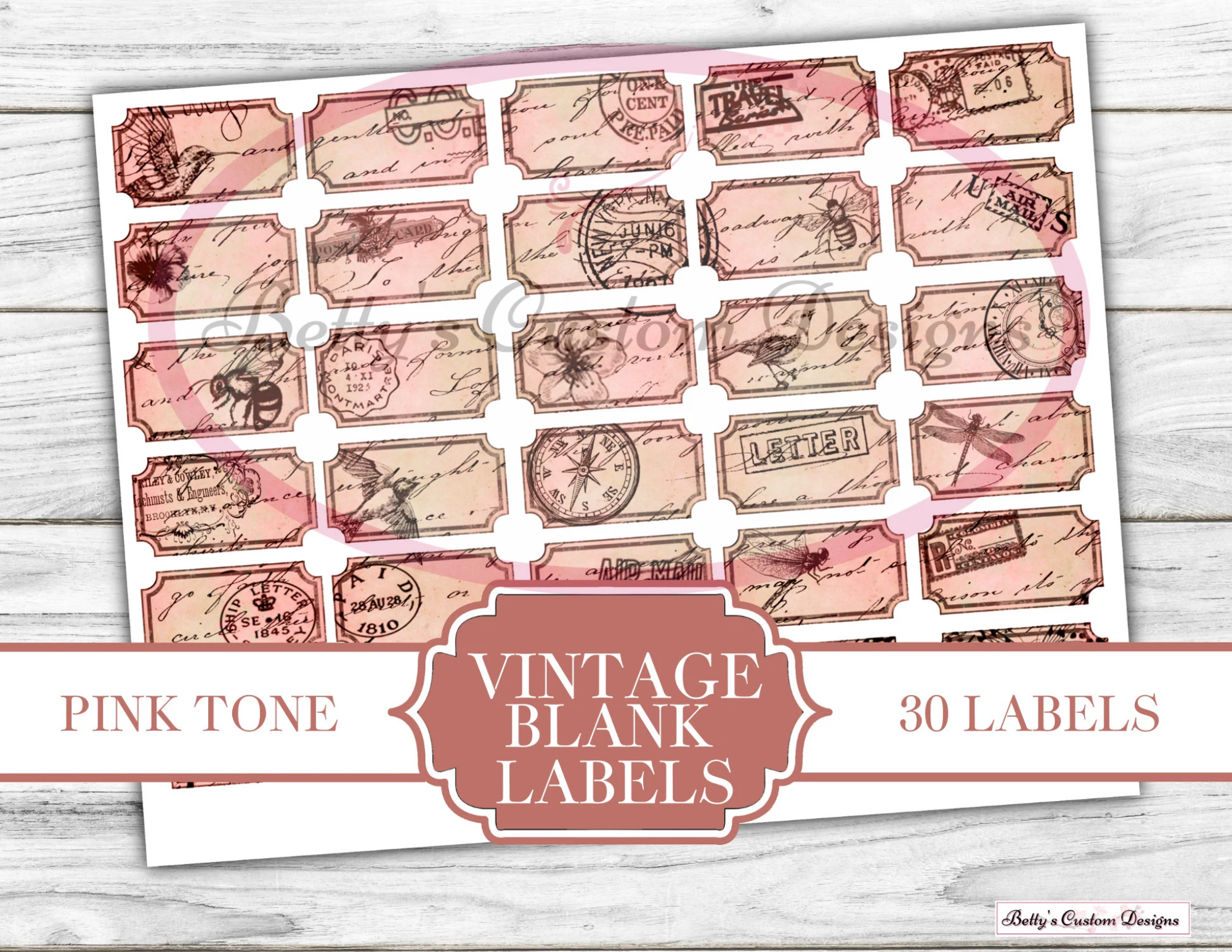 Vintage-Style Blank Labels - Pink Tone - Printable - Ephemera - Junk Journal Label - Journal Phrases - Journal Words