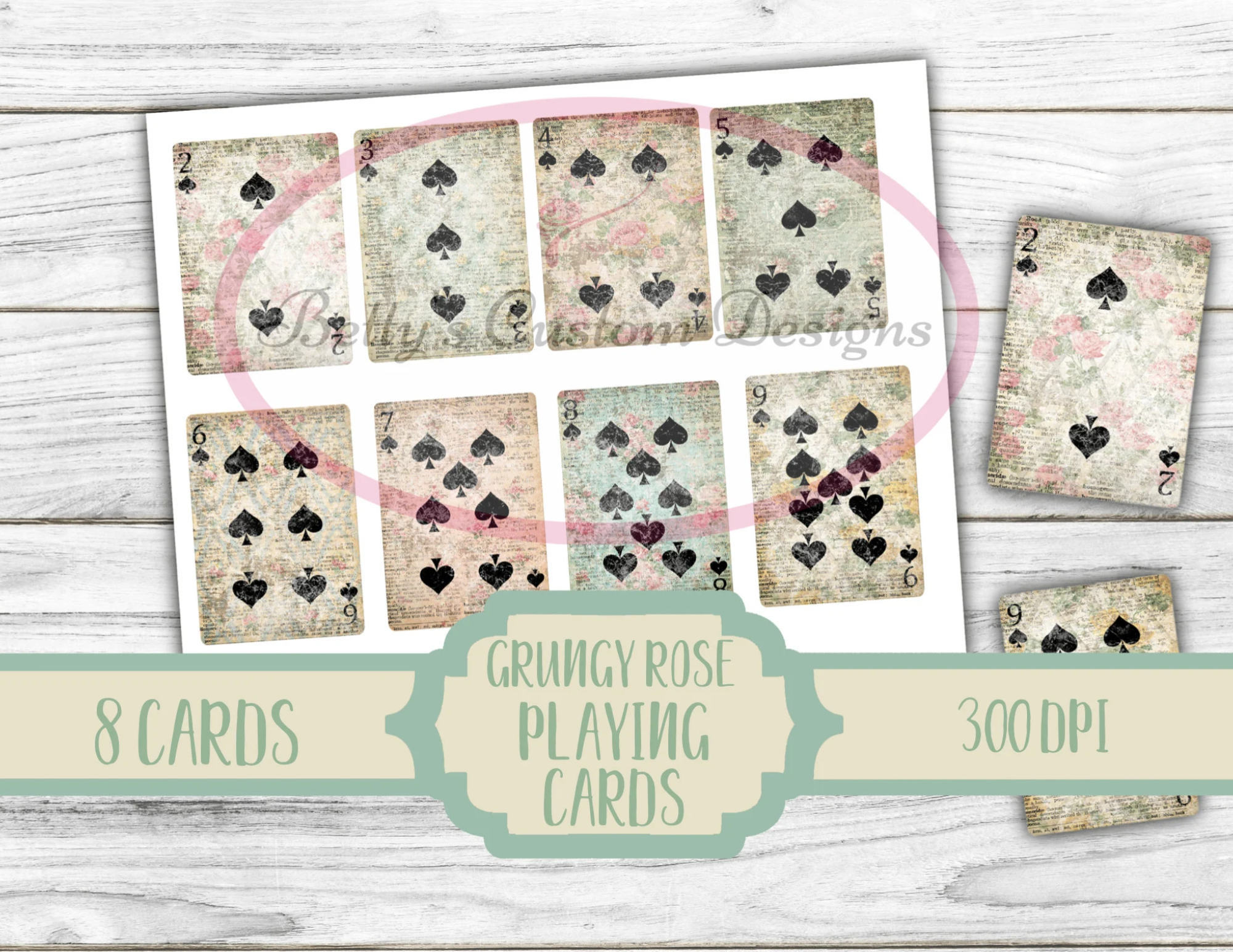 Grungy Rose Playing Cards - Junk Journal - Embellishment - Shabby - Digital - Printable - Ephemera - Ticket - Butterfly