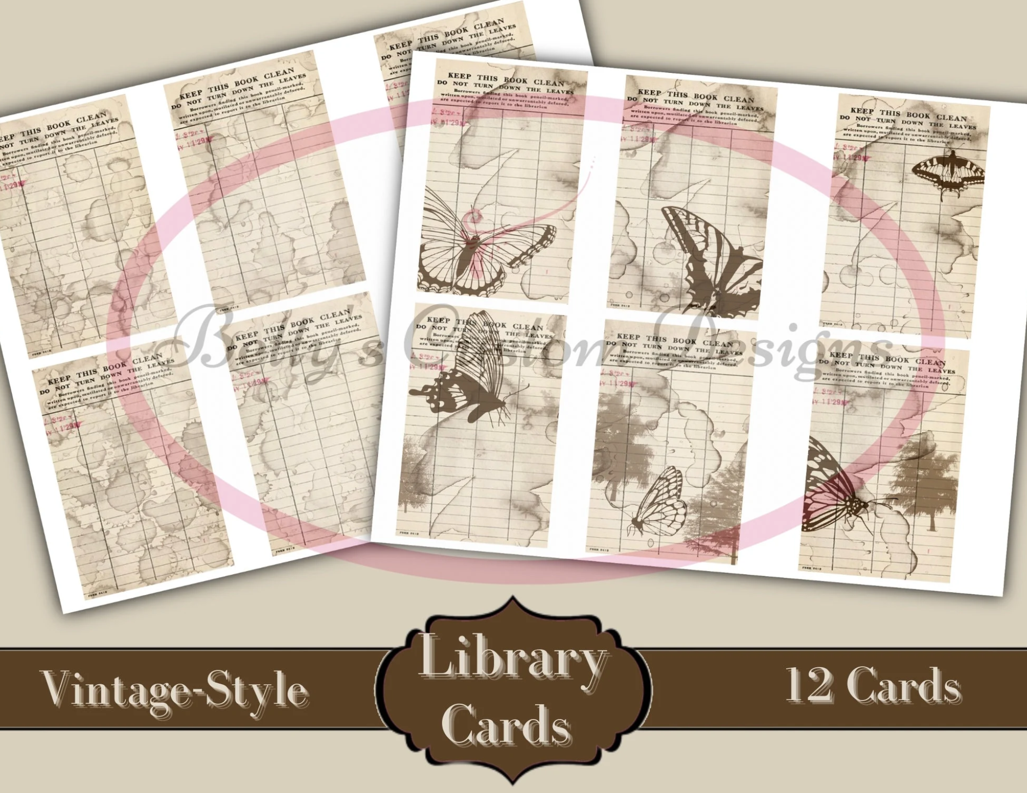 Grungy Vintage Style Butterfly Library Cards - Printable - Journal Cards - Digital - Vintage - Birds - Collage - Embellishment - Ephemera